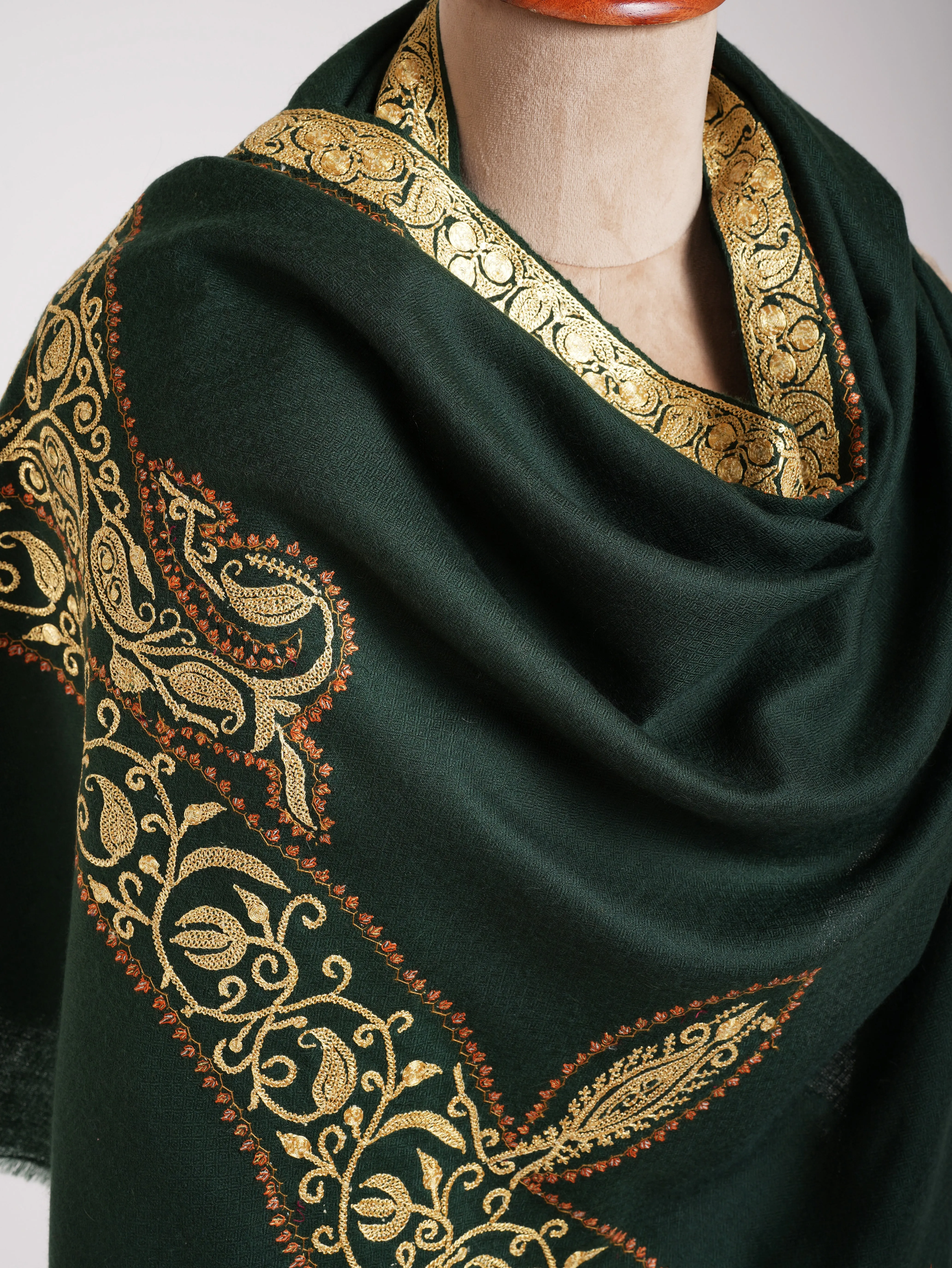 Dark Green Pashmina Shawl with Hand Tillawork Embroidery