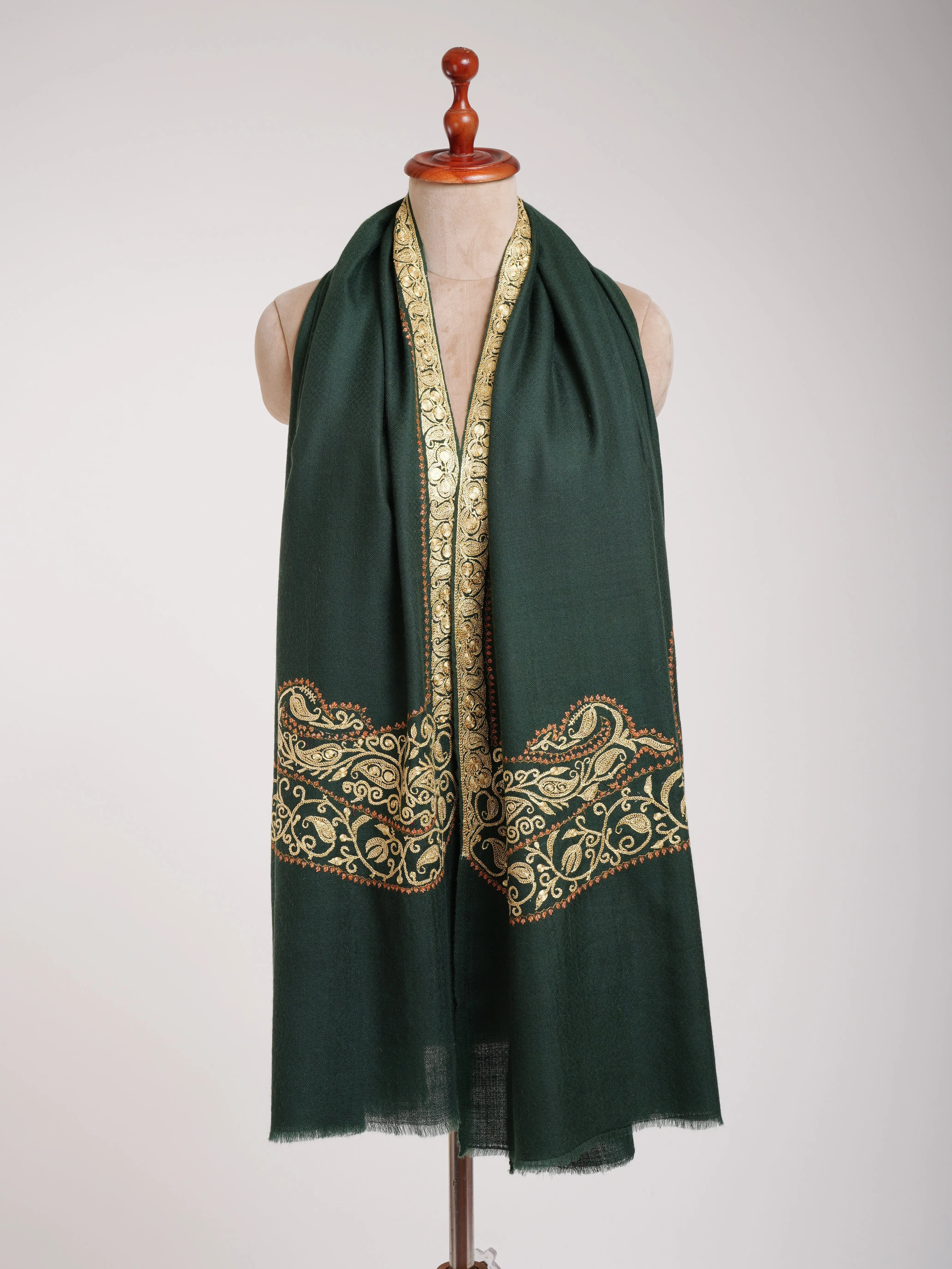 Dark Green Pashmina Shawl with Hand Tillawork Embroidery