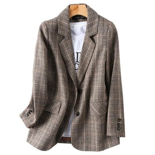 deanwangkt Casual Women's Suit Jacket Loose Autumn Plaid Long Sleeve Female Blazer Elegant Ladies Office Coat High Quality