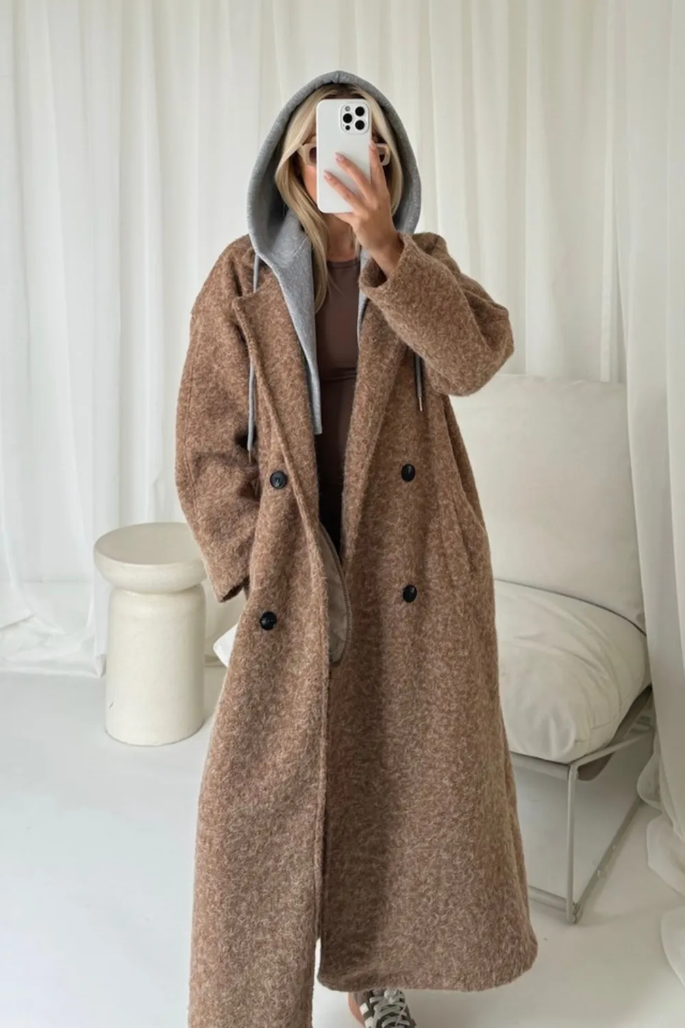 Demi mocha hooded longline coat