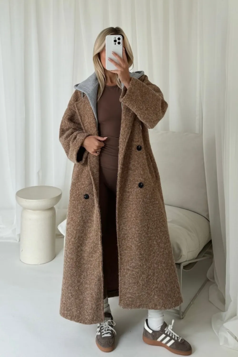 Demi mocha hooded longline coat