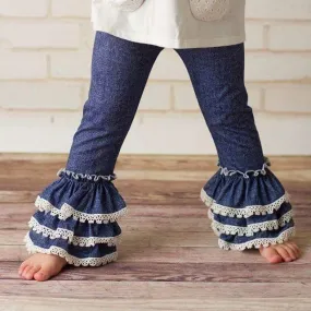 Denim Lace Chambray Ruffle Pants