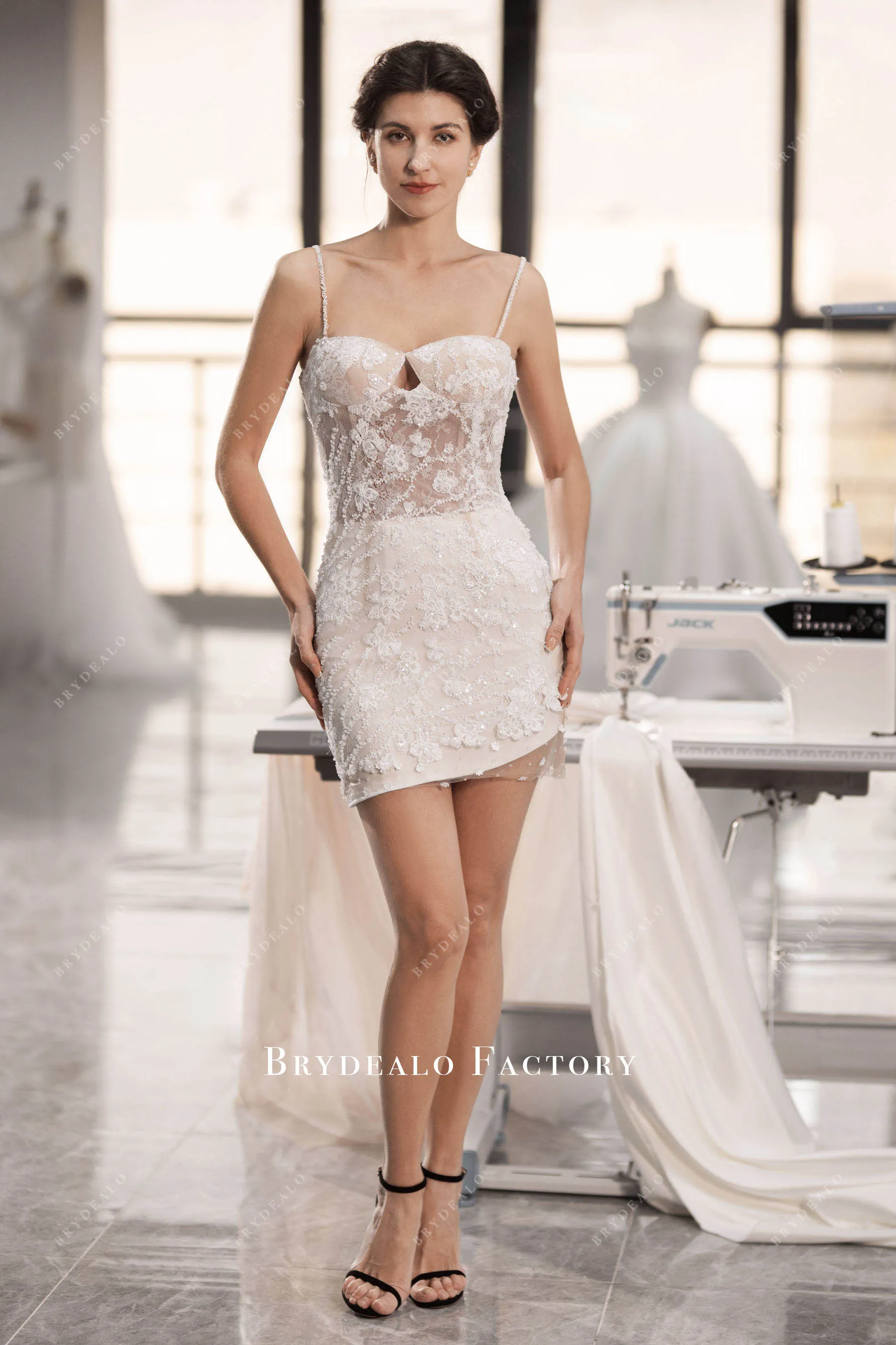 Designer Beaded Lace Champagne Corset Wedding Dress