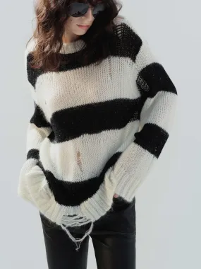 Distressed Detail Striped Sweater