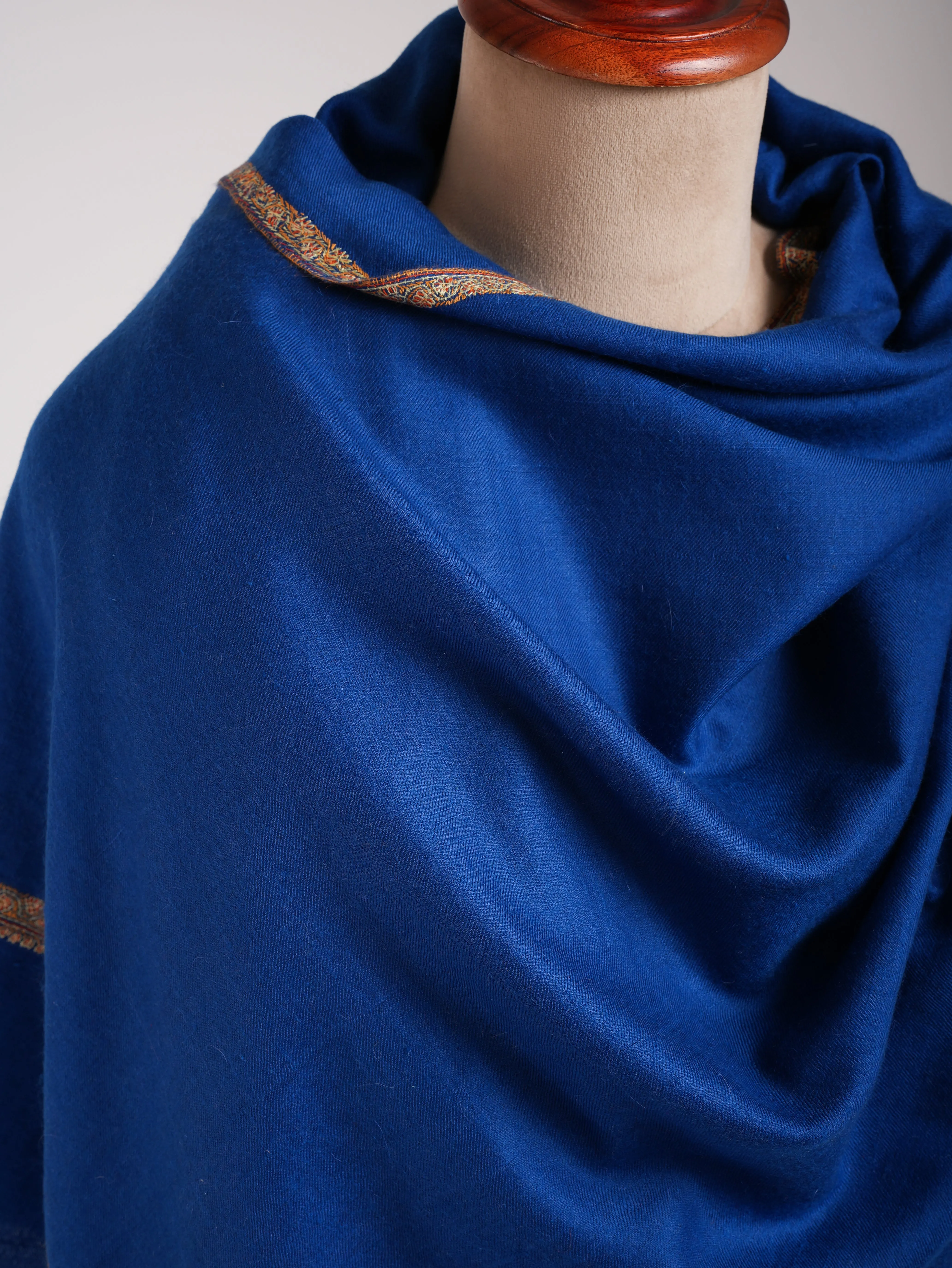 Egyptian Blue Hashia Sozni Embroidered Kashmiri Pashmina Shawl