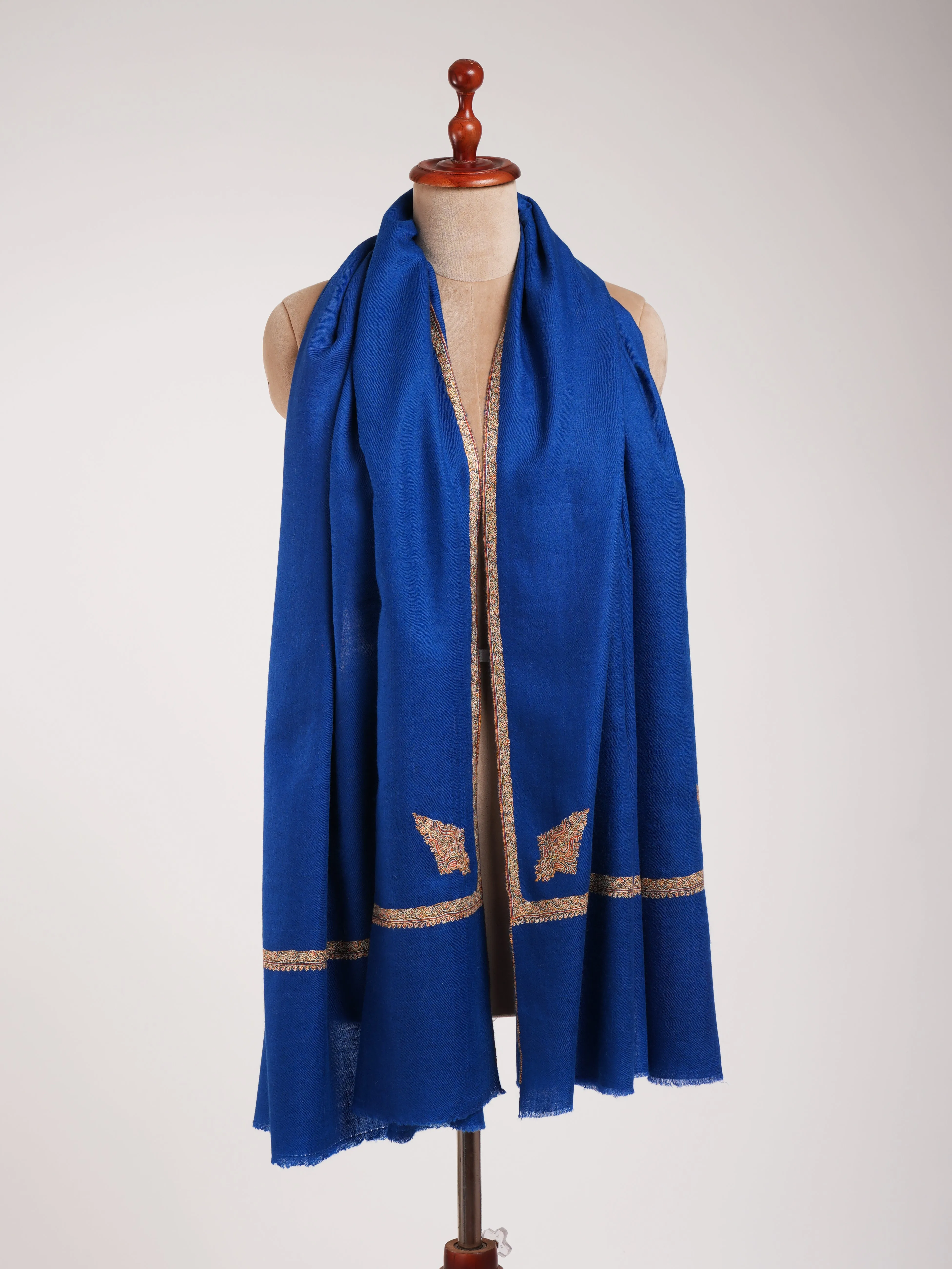 Egyptian Blue Hashia Sozni Embroidered Kashmiri Pashmina Shawl