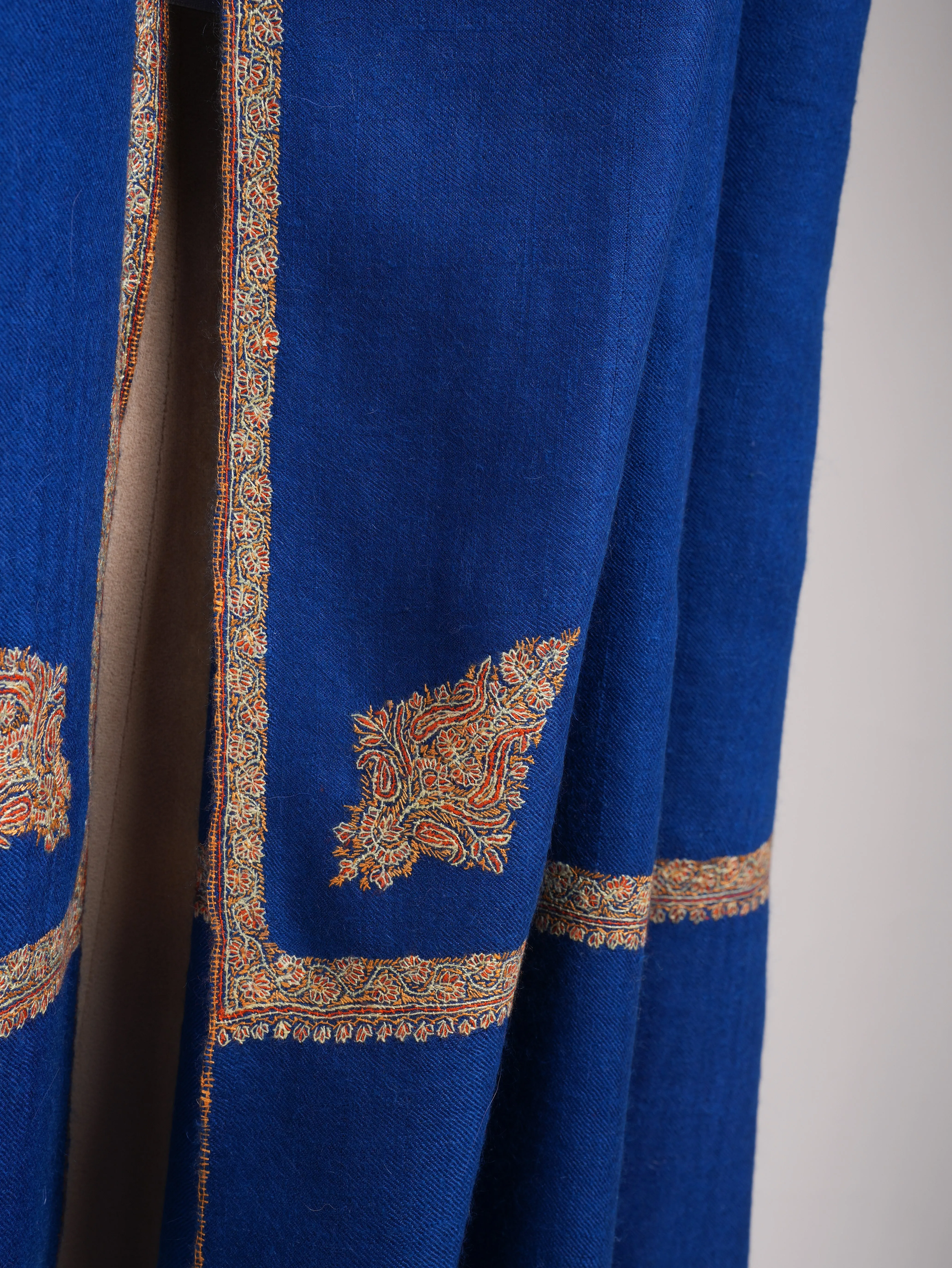 Egyptian Blue Hashia Sozni Embroidered Kashmiri Pashmina Shawl