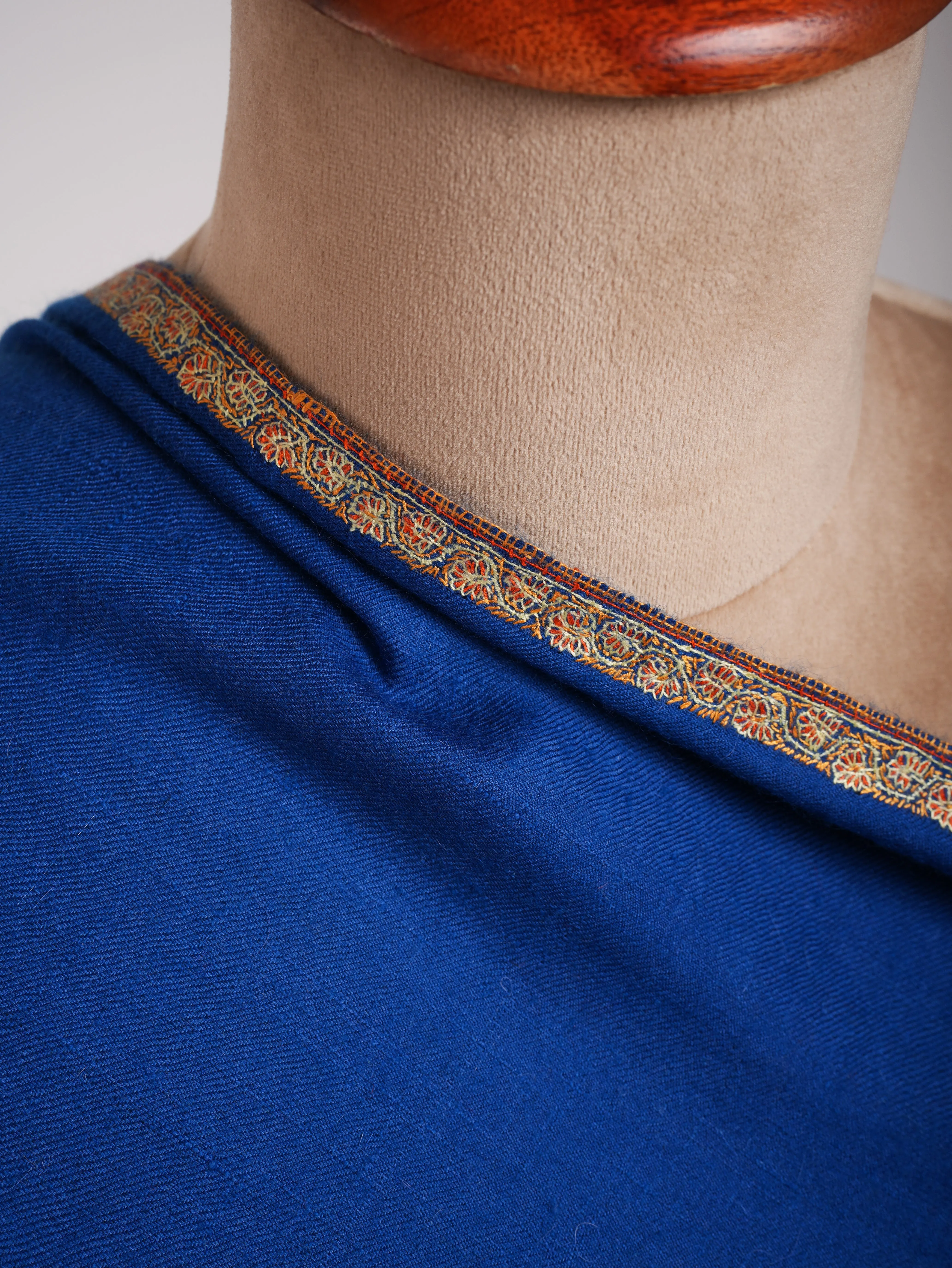 Egyptian Blue Hashia Sozni Embroidered Kashmiri Pashmina Shawl