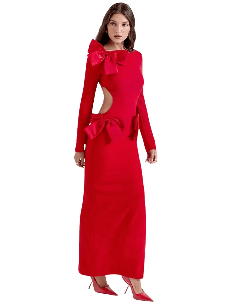 Elegant Red Backless Bow Maxi Dress For Women