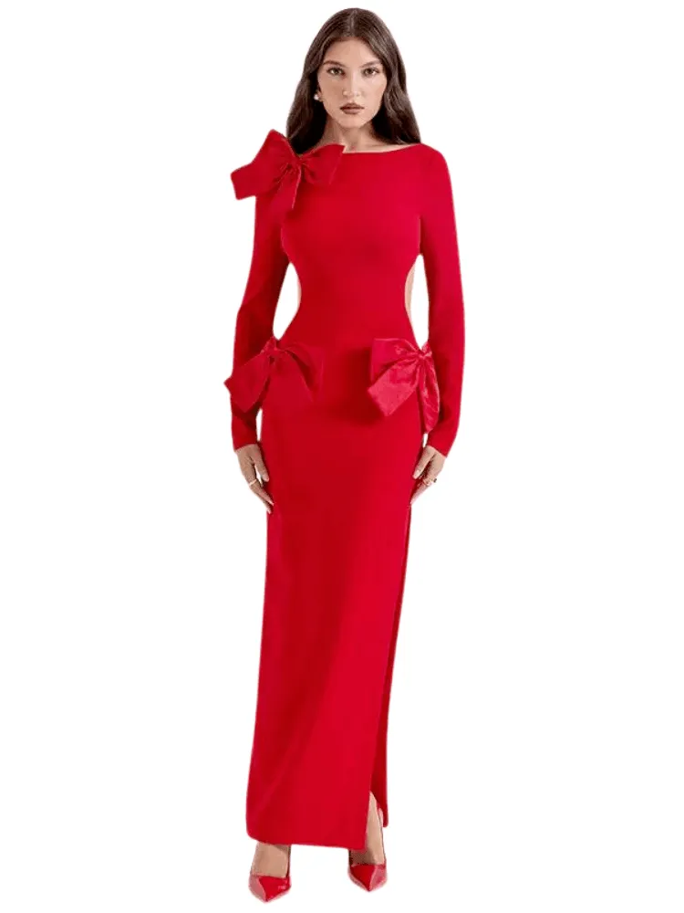 Elegant Red Backless Bow Maxi Dress For Women