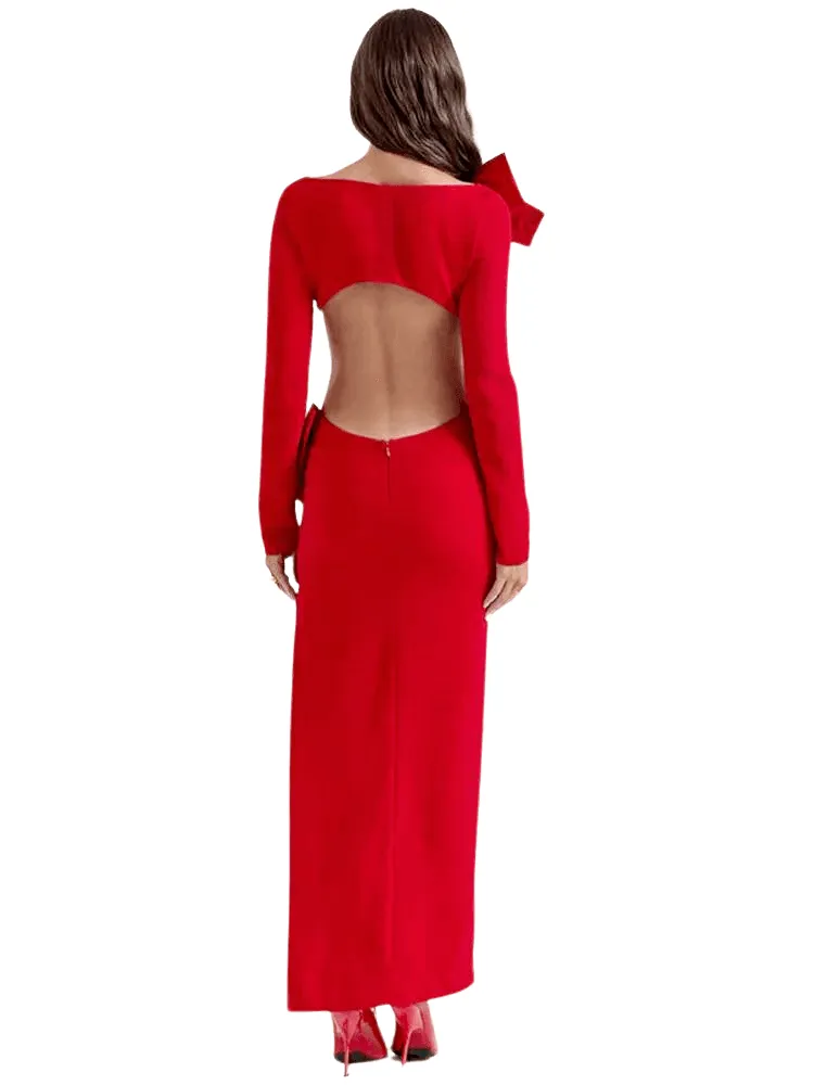 Elegant Red Backless Bow Maxi Dress For Women