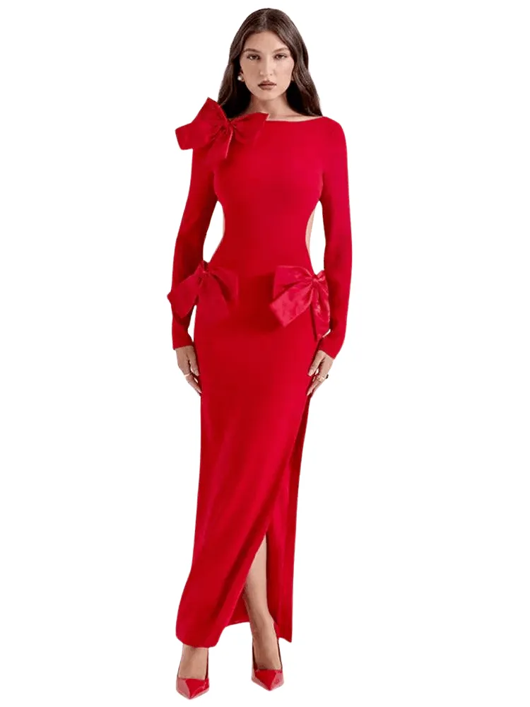 Elegant Red Backless Bow Maxi Dress For Women