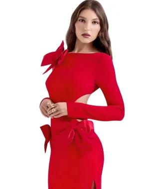 Elegant Red Backless Bow Maxi Dress For Women