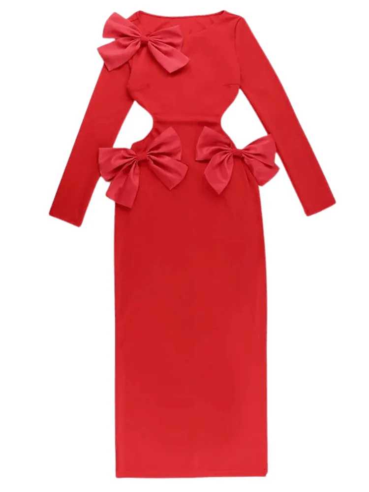 Elegant Red Backless Bow Maxi Dress For Women