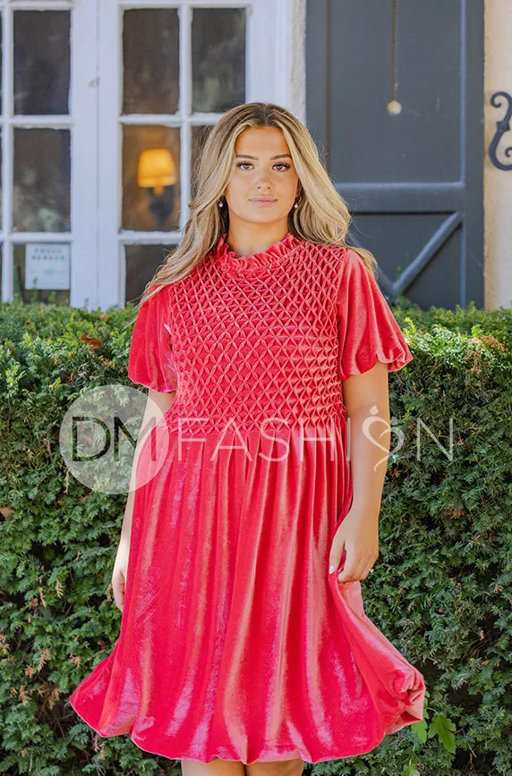 Emery Spiced Coral Velvet Party Dress- DM Exclusive - Maternity Friendly