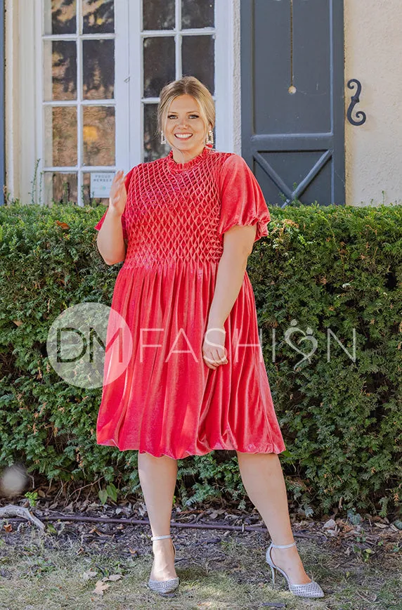 Emery Spiced Coral Velvet Party Dress- DM Exclusive - Maternity Friendly