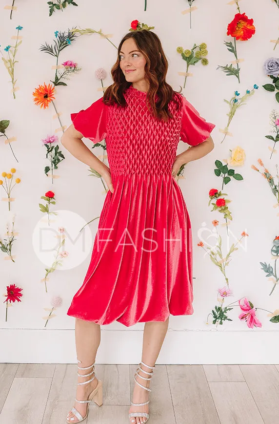 Emery Spiced Coral Velvet Party Dress- DM Exclusive - Maternity Friendly