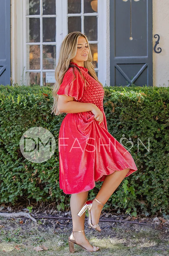 Emery Spiced Coral Velvet Party Dress- DM Exclusive - Maternity Friendly