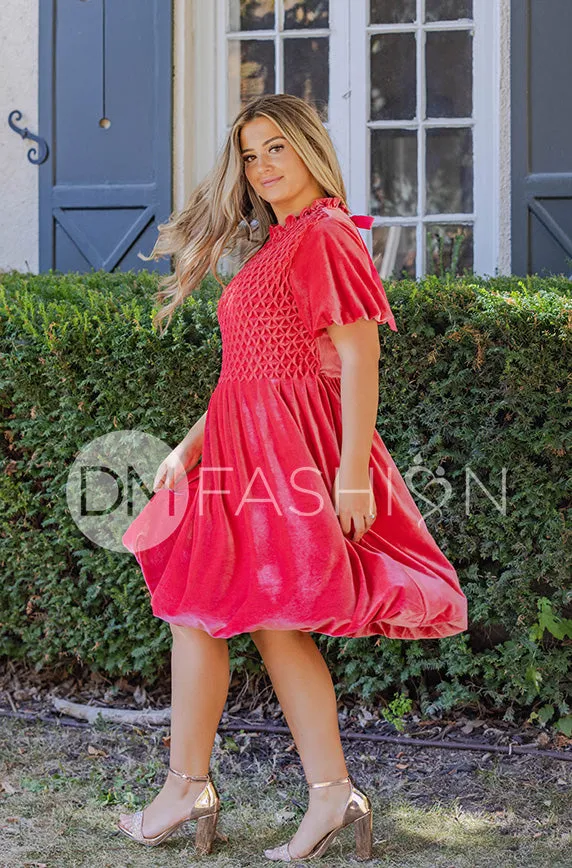 Emery Spiced Coral Velvet Party Dress- DM Exclusive - Maternity Friendly