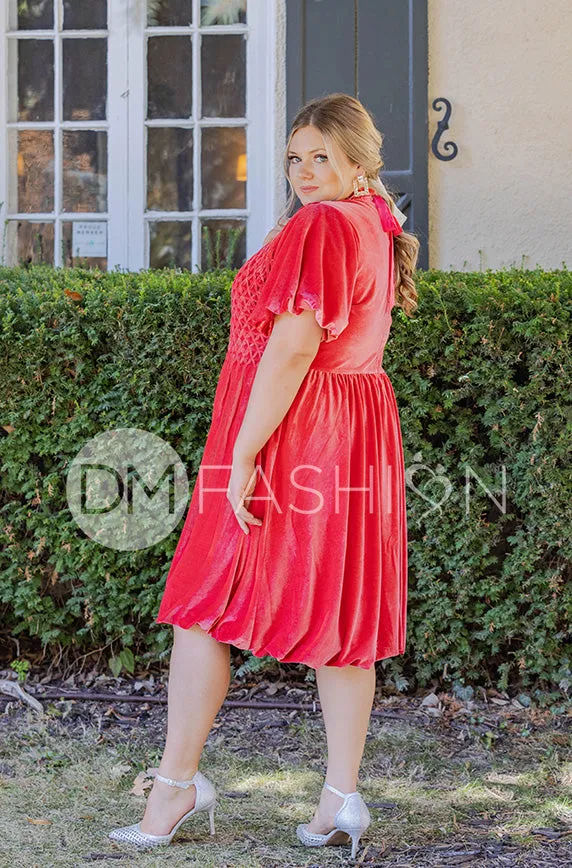 Emery Spiced Coral Velvet Party Dress- DM Exclusive - Maternity Friendly