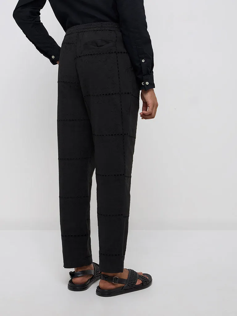 ETA Black Embroidered Relaxed-Fit Mid-Rise Chinos