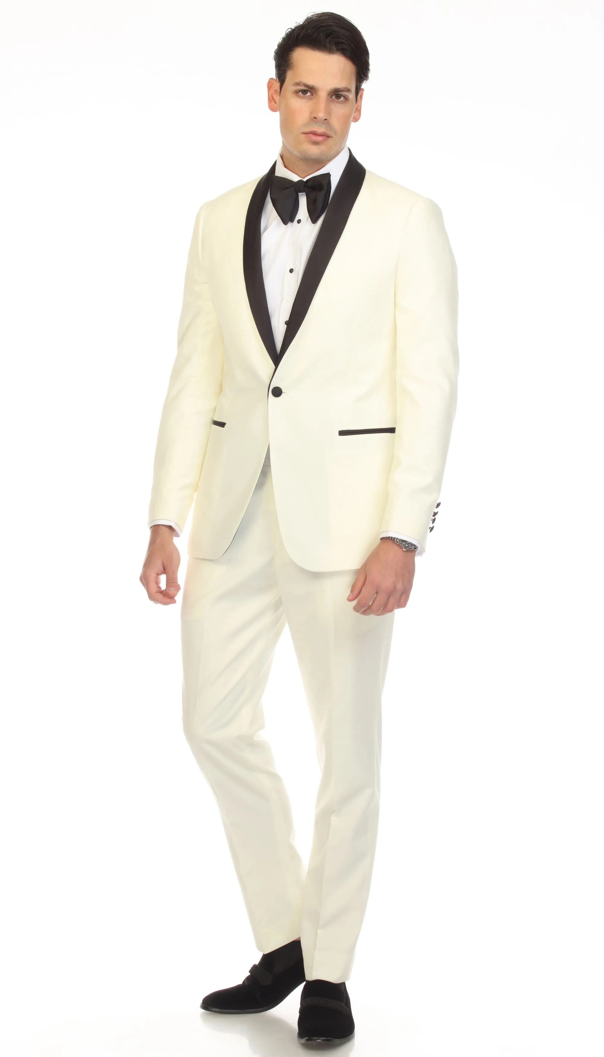 Ferrecci Slim Off White & Black Satin Shawl Collar Tuxedo Jacket With Black Pants