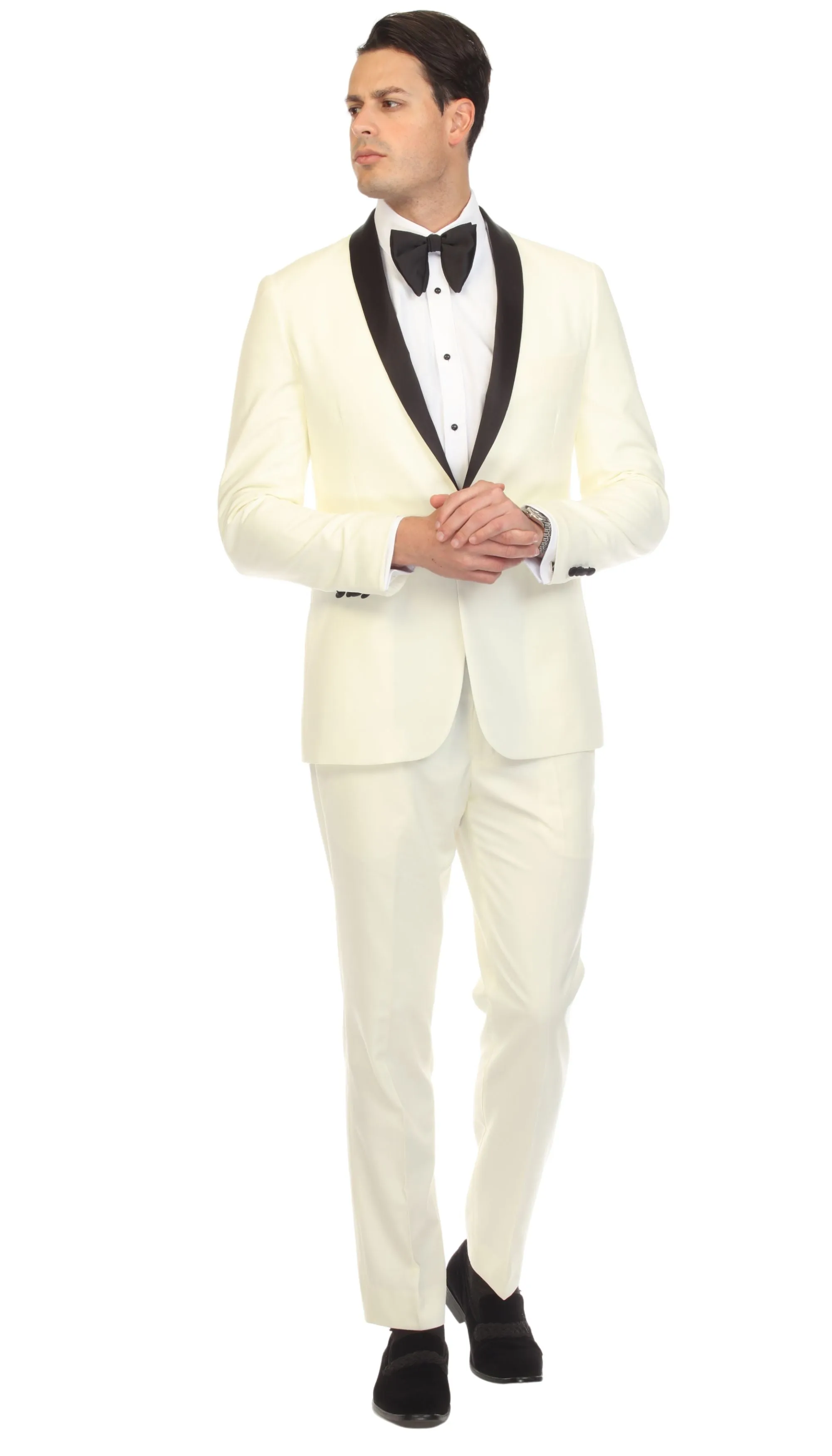 Ferrecci Slim Off White & Black Satin Shawl Collar Tuxedo Jacket With Black Pants