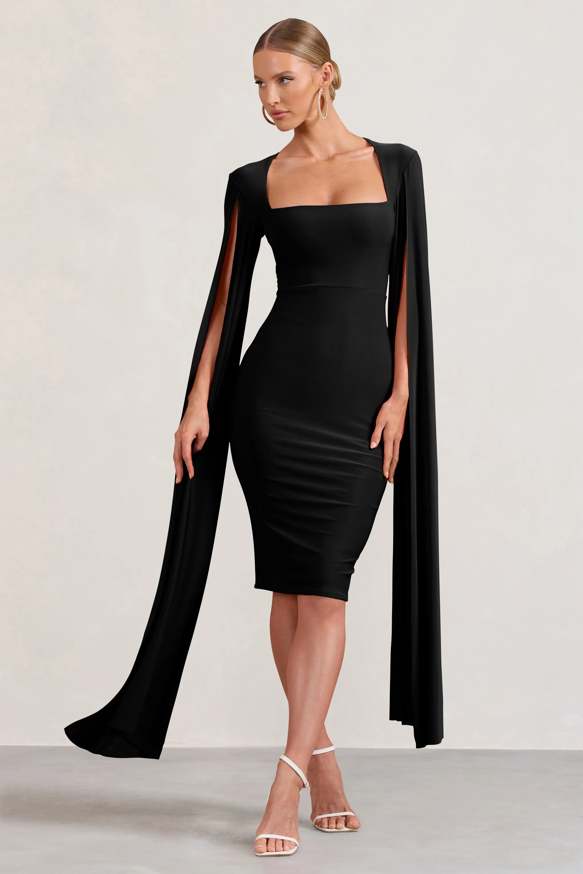 Flawless | Black Square Neck Midi Dress With Cape Sleeves