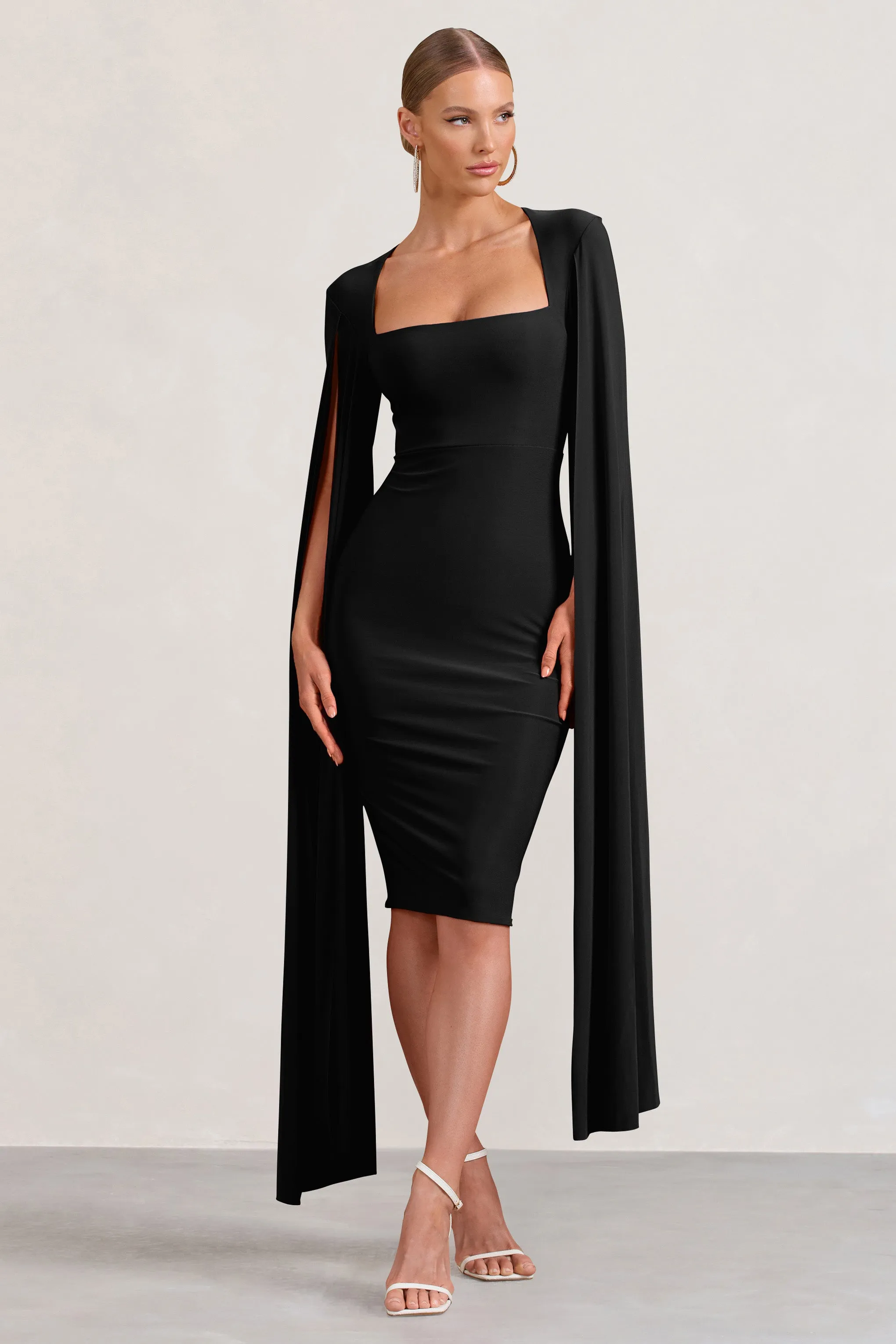 Flawless | Black Square Neck Midi Dress With Cape Sleeves