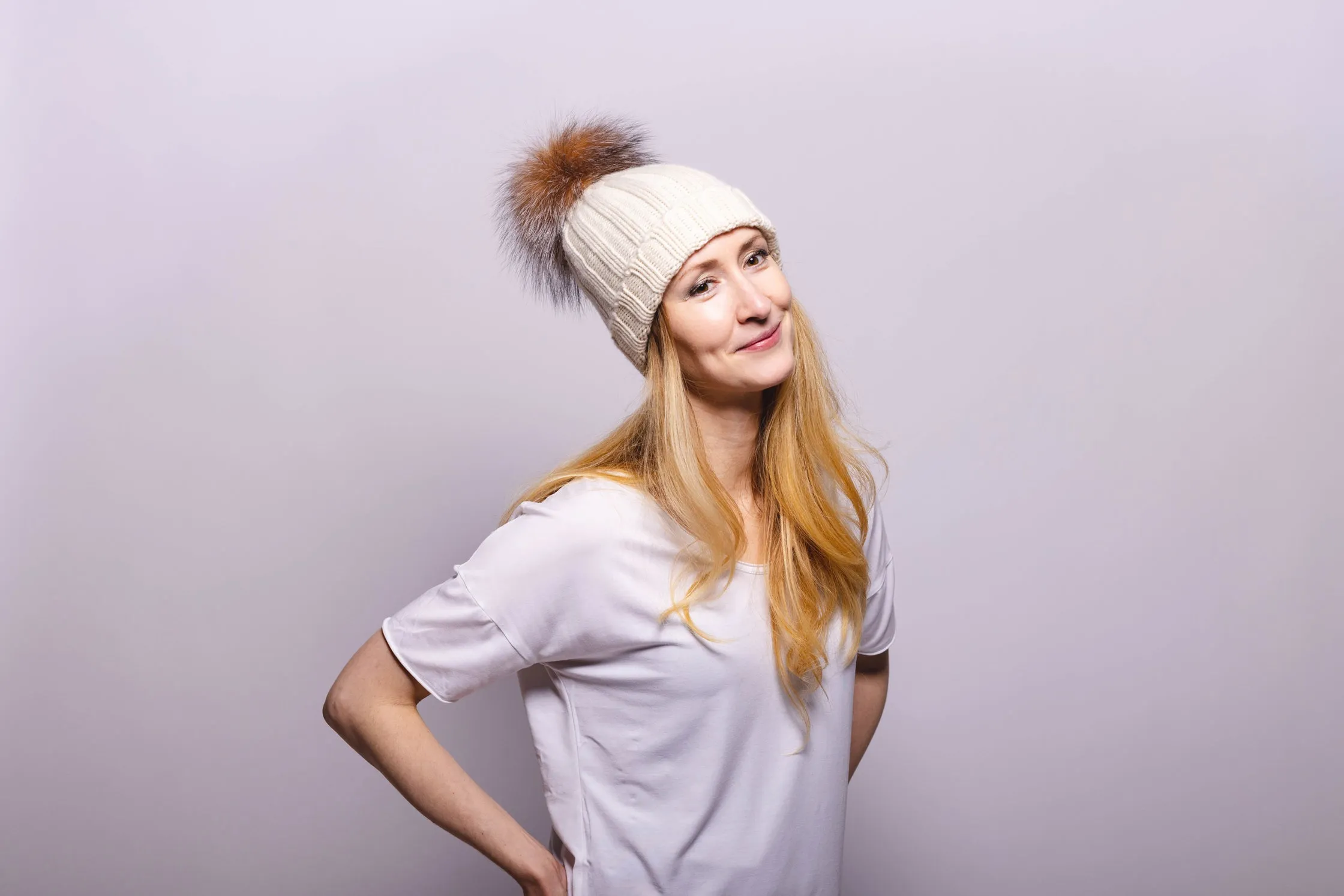 Fold-Over Ivory Cashmere Hat with Crystal Pom-Pom