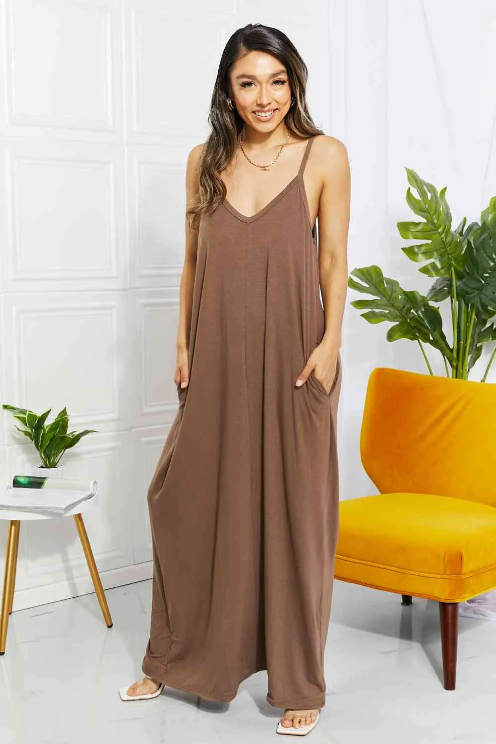 Full Size Beach Vibes Cami Maxi Dress in Mocha