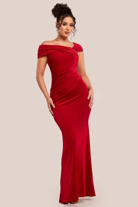 Goddiva One Shoulder Velvet Maxi Dress - Red