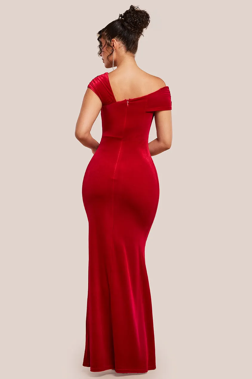 Goddiva One Shoulder Velvet Maxi Dress - Red