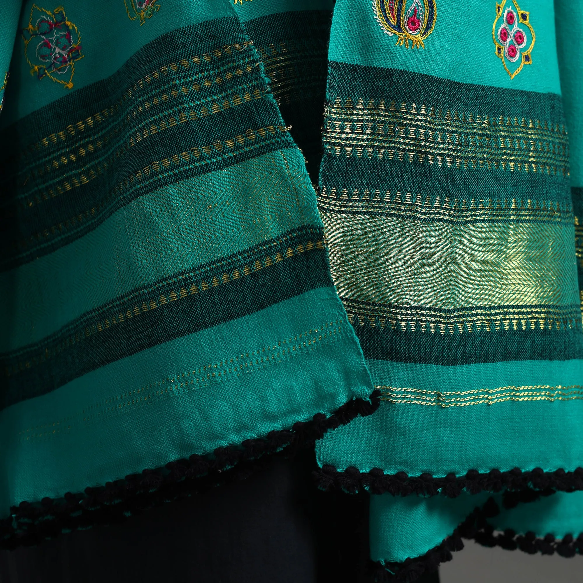 Green - Kutch Ahir Hand Embroidery Woollen Shawl 30