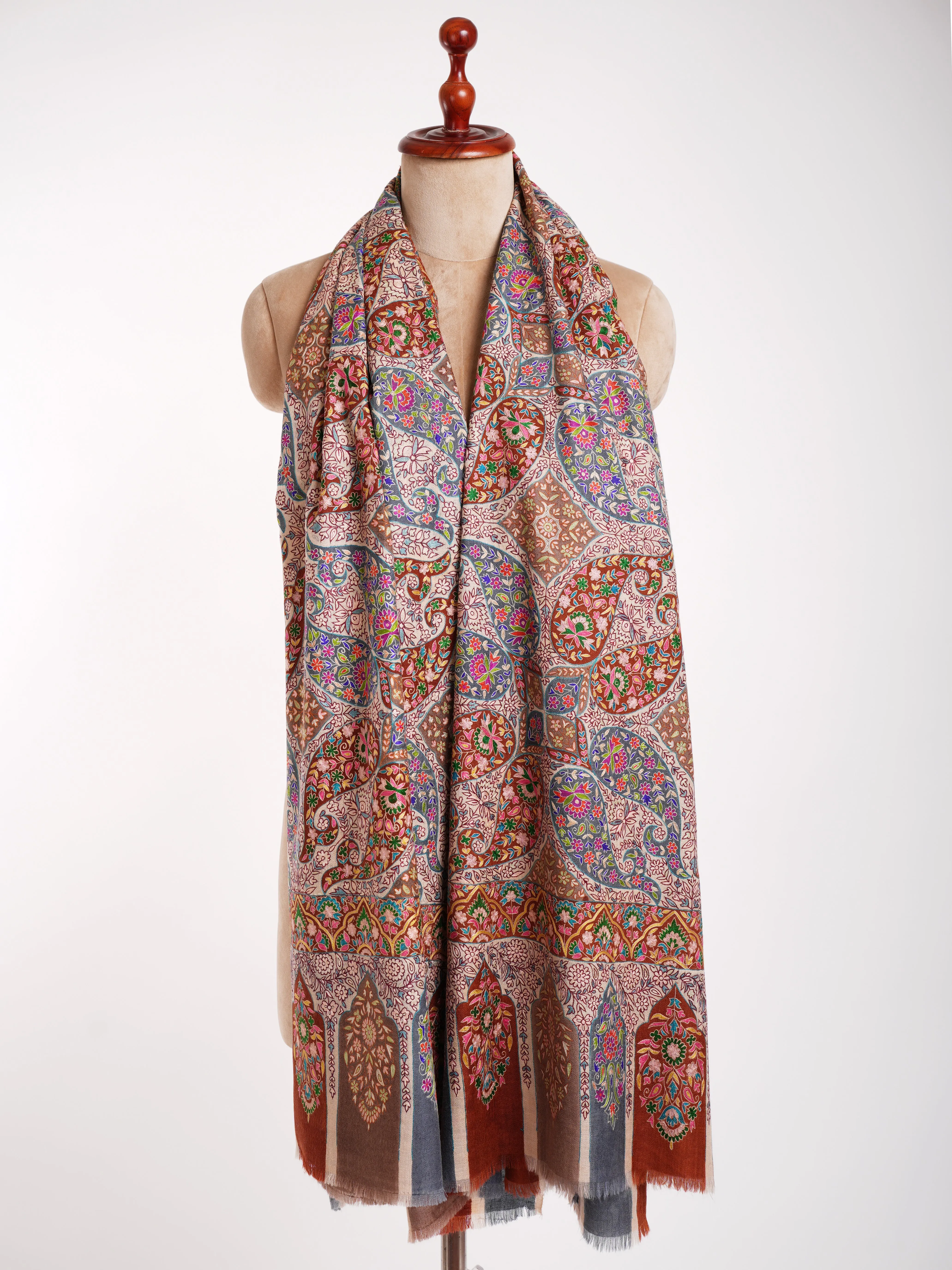 Hand Embroidered 8 Paisley Kalamkari Pashmina Shawl