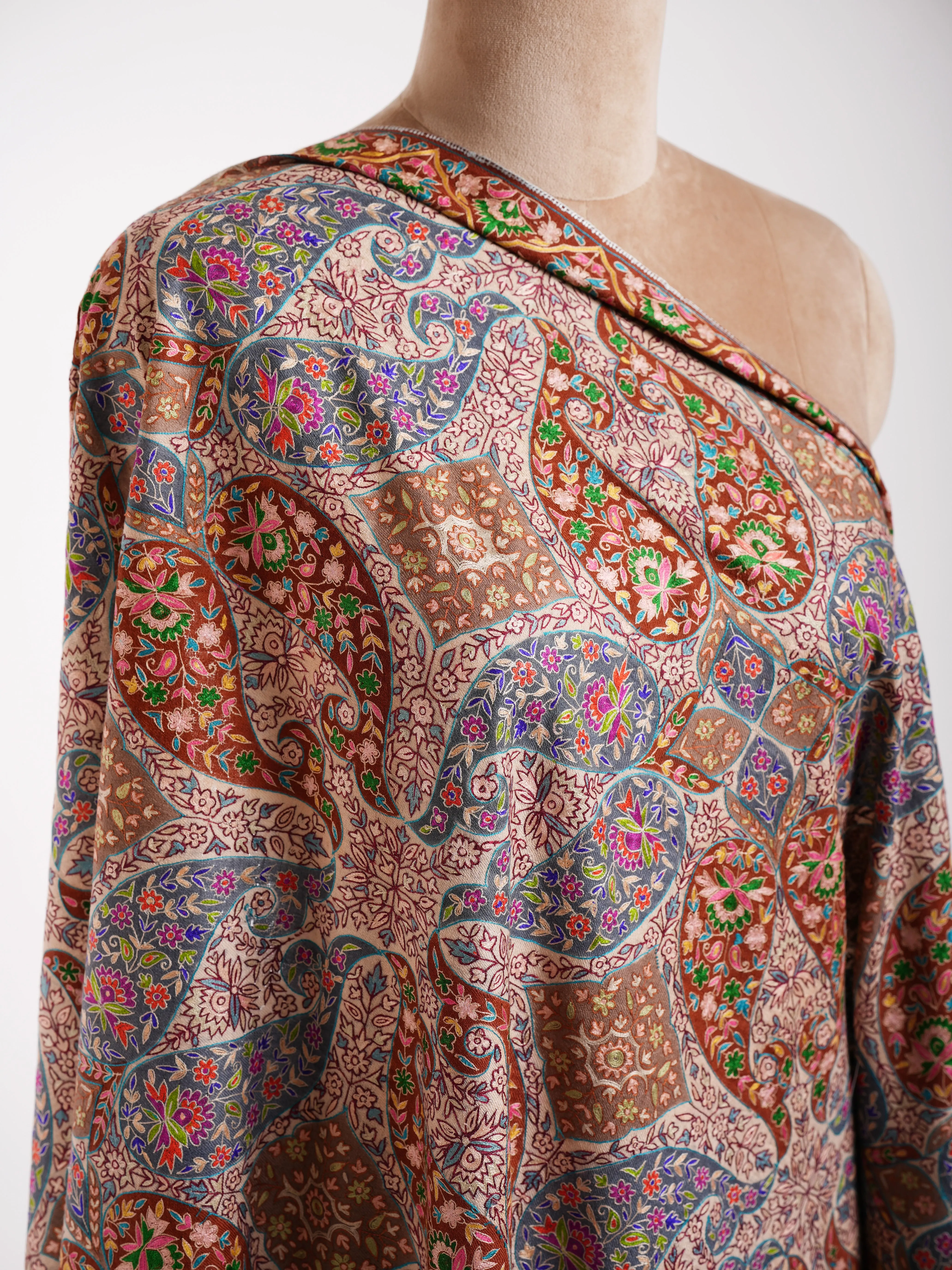 Hand Embroidered 8 Paisley Kalamkari Pashmina Shawl