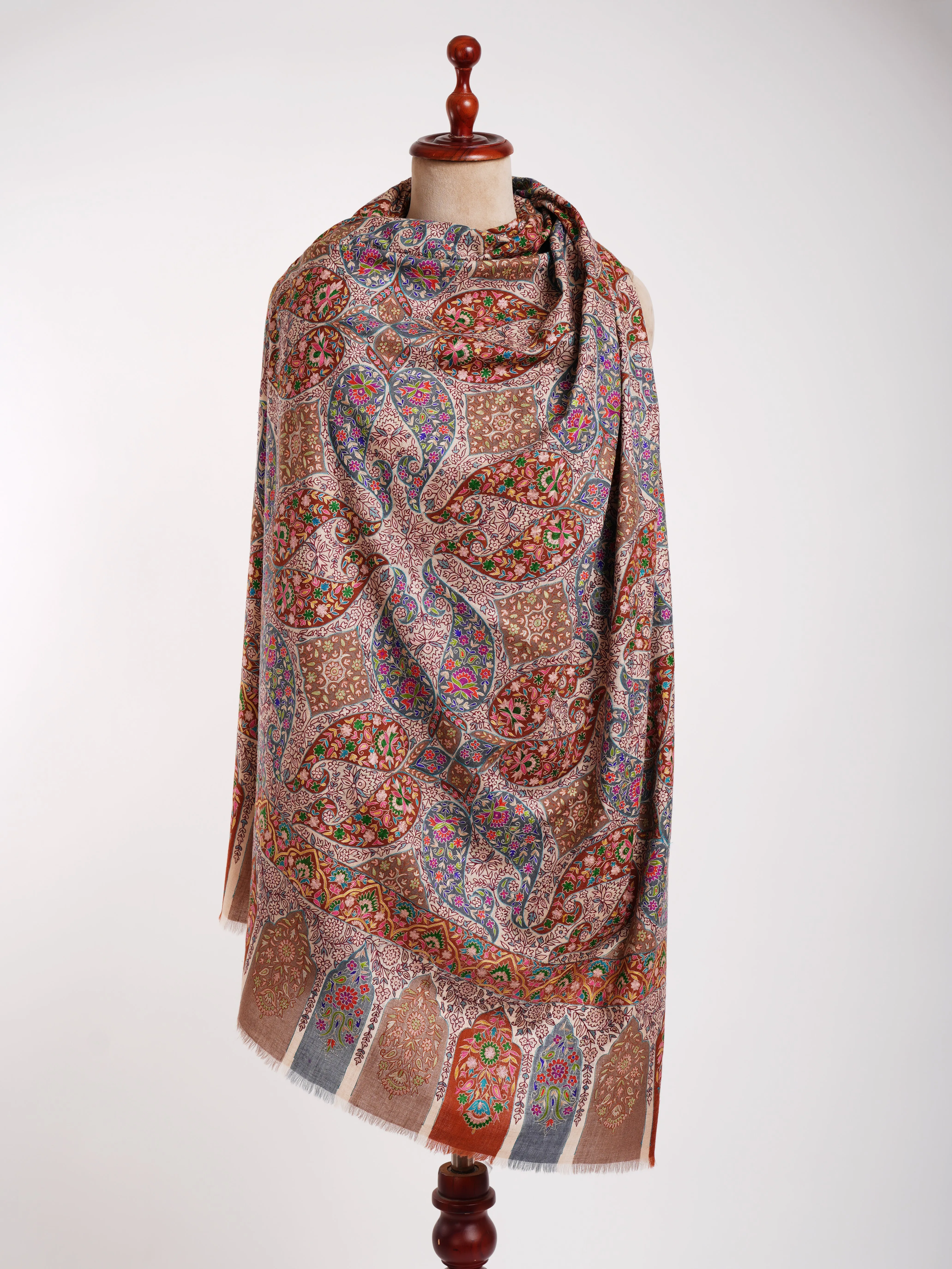 Hand Embroidered 8 Paisley Kalamkari Pashmina Shawl