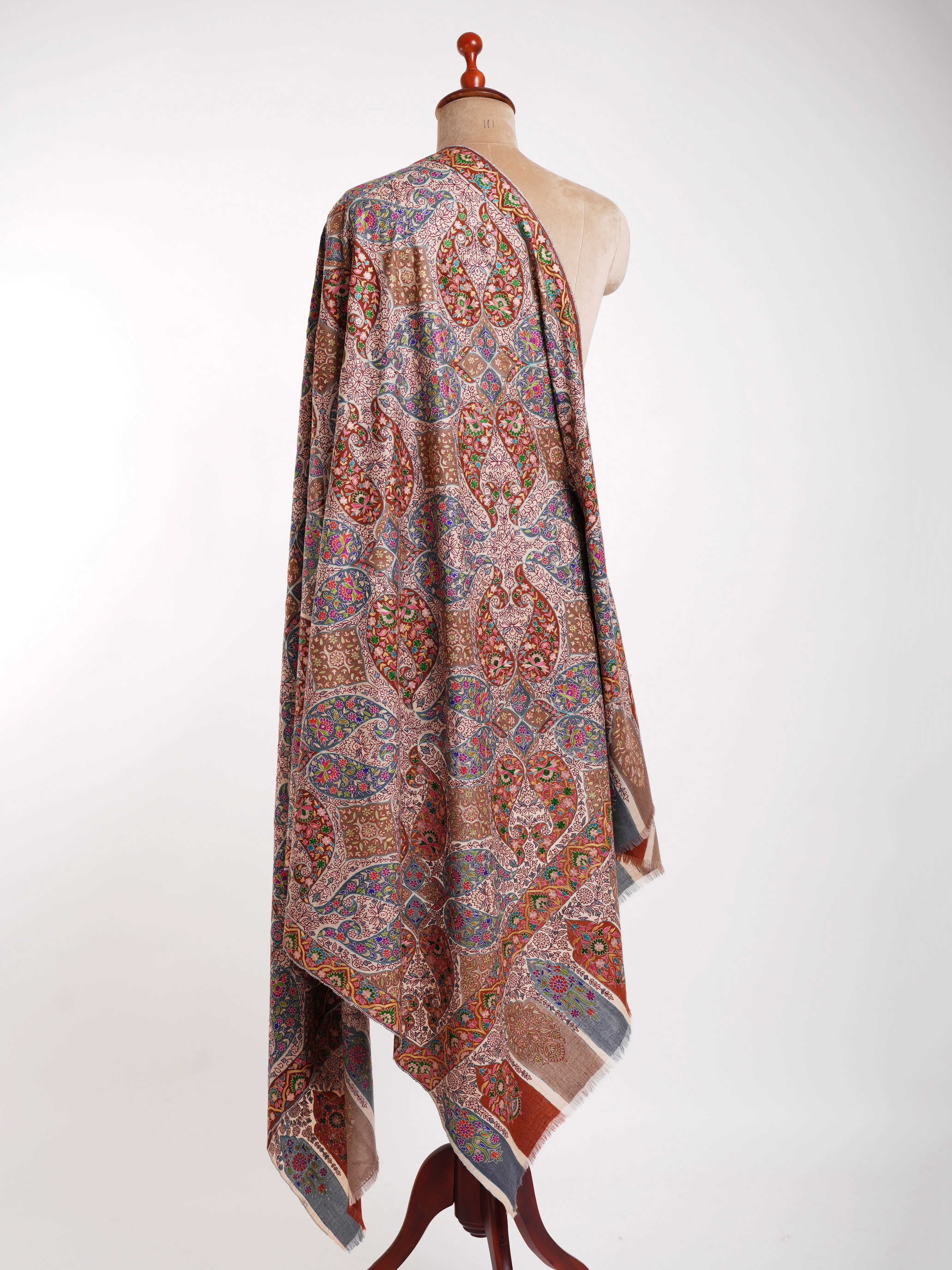 Hand Embroidered 8 Paisley Kalamkari Pashmina Shawl