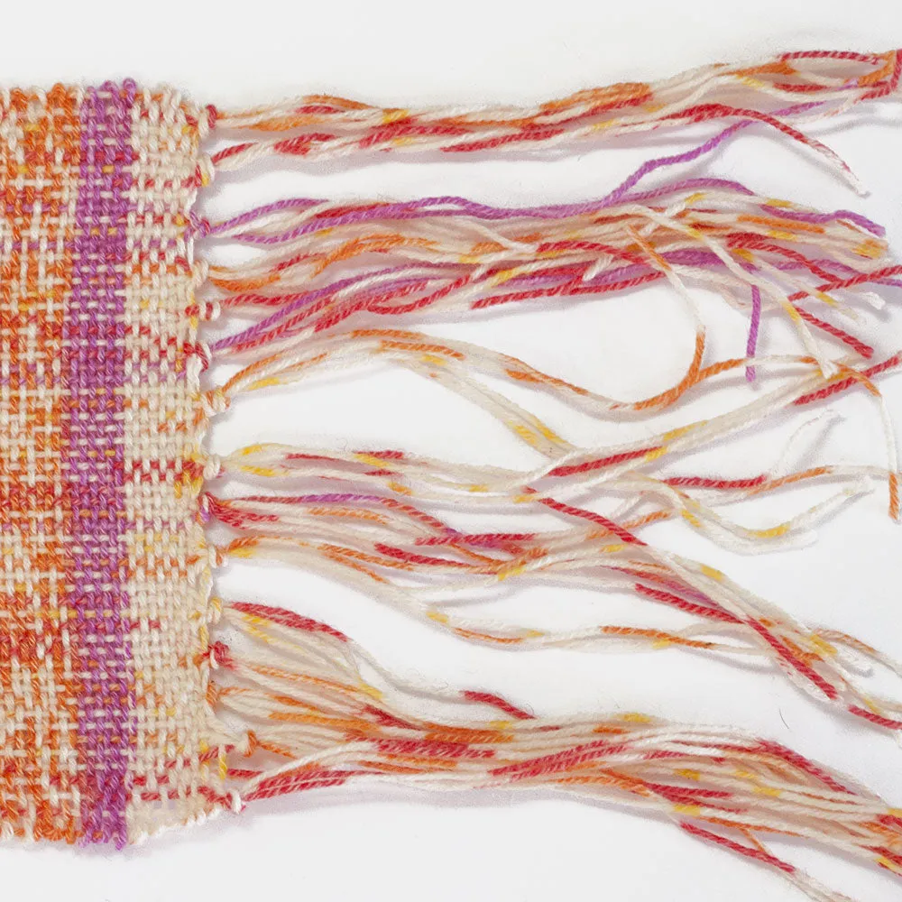 Handwoven Scarf, cream, pink and orange cotton/wool, 5" x 65"