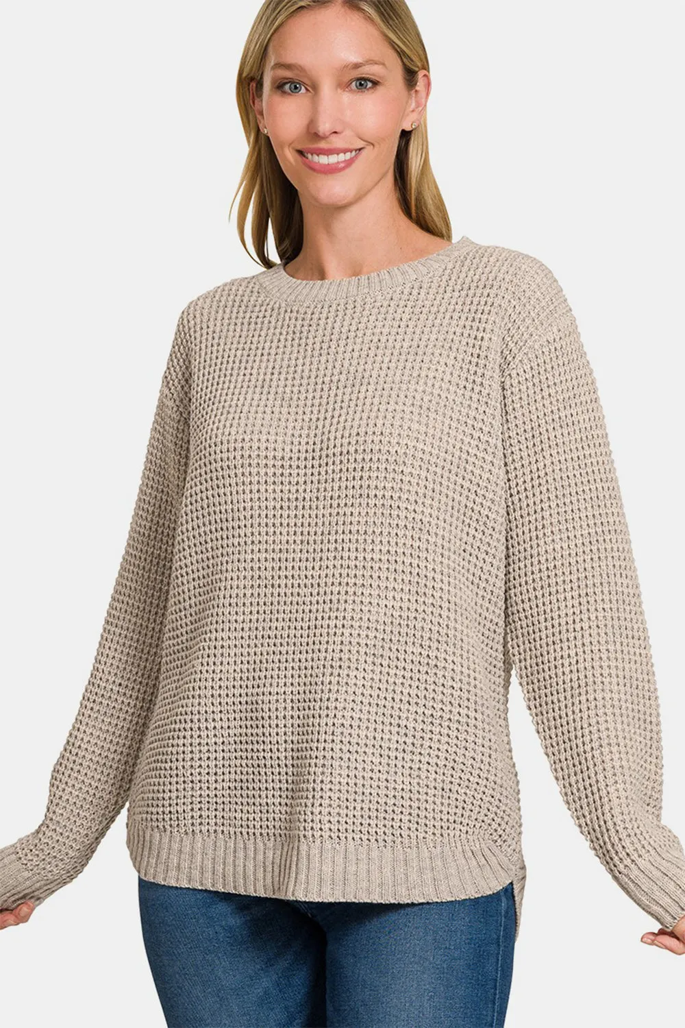 High Low Long Sleeve Waffle Sweater