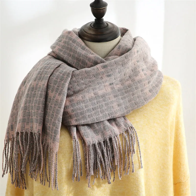 Imitation cashmere scarf women's autumn and winter plaid thickened warm tassel shawl