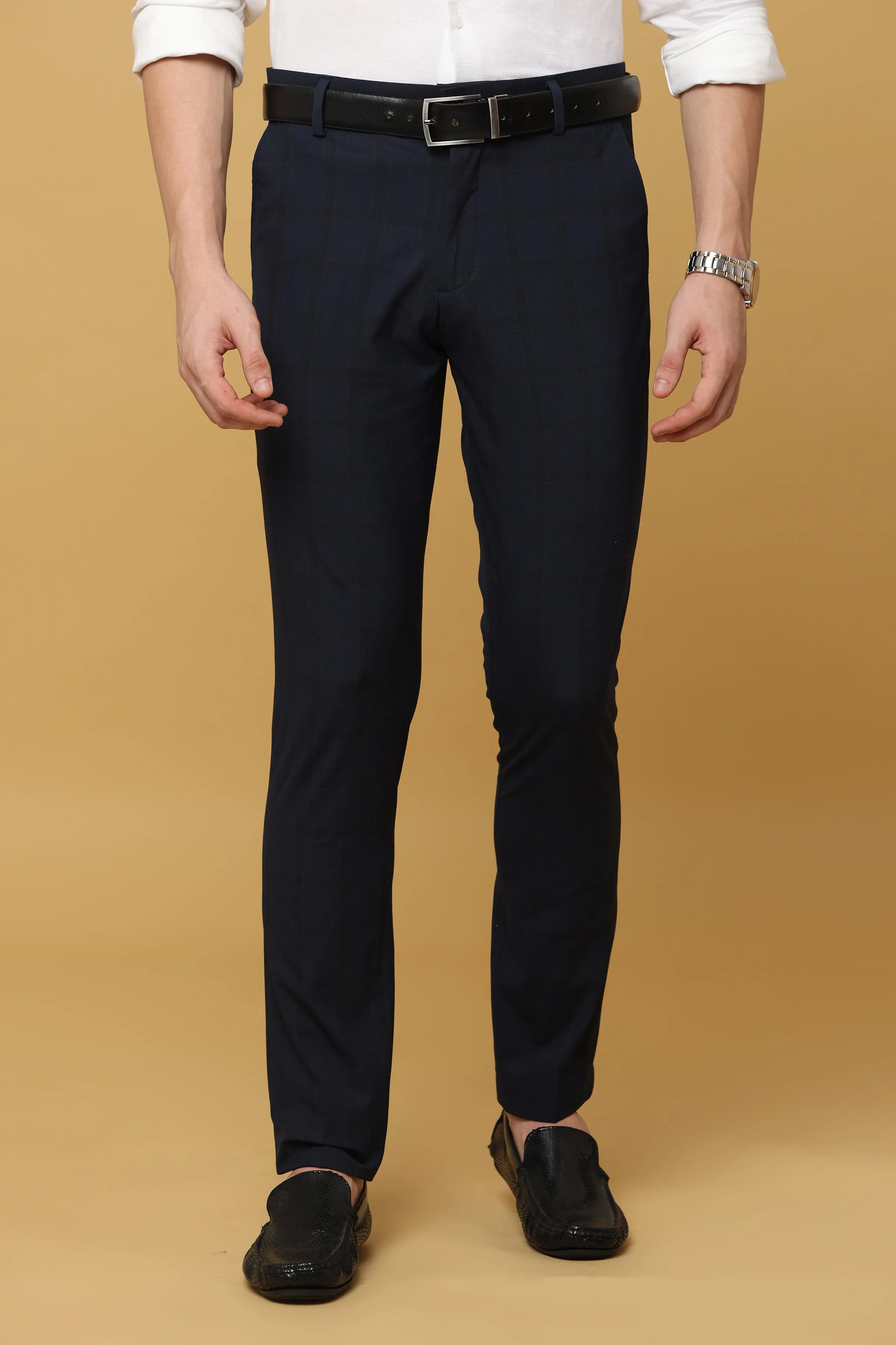 Ivyn Navy Blue Checked Formal Trousers