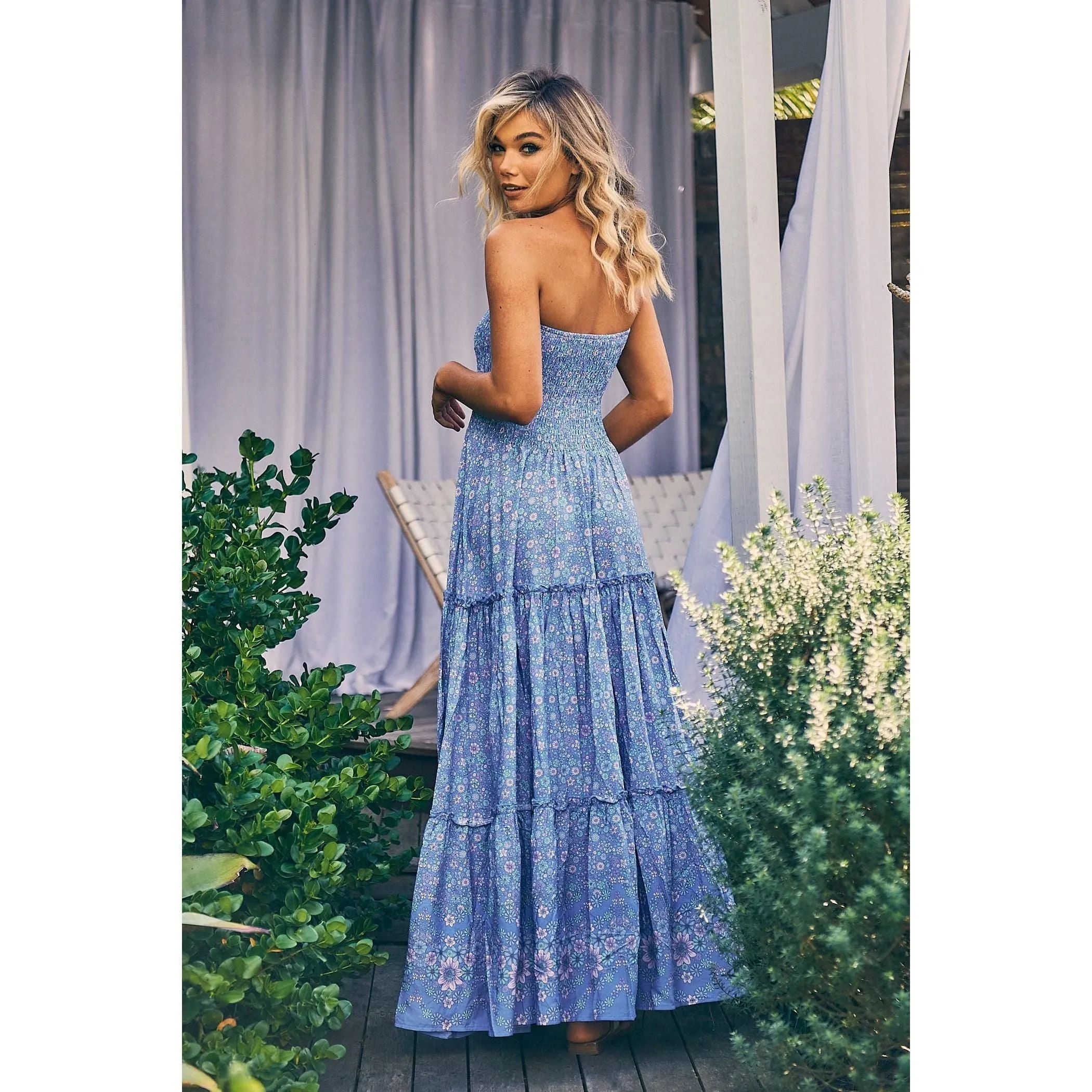 JAASE Butterfly Fields Blue Print Salsa Strapless Maxi Dress