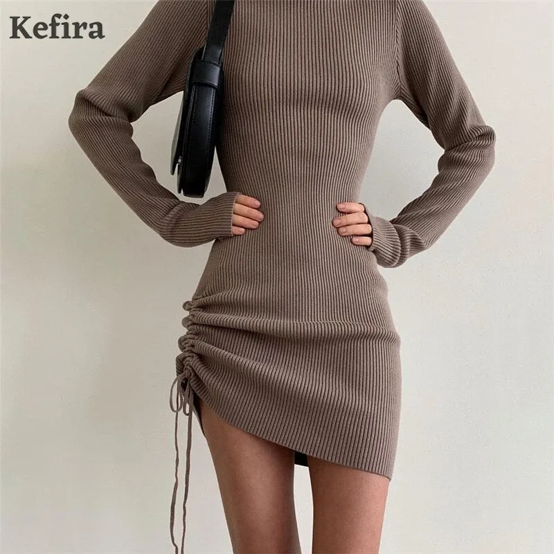 Joskaa hoco dresses Christmas Gift Kefira Turtleneck Knitted Bodycon Dress Women Ruched 2024 Autumn Winter Sexy Elegant White Long Sleeve Party Mini Dresses Brown