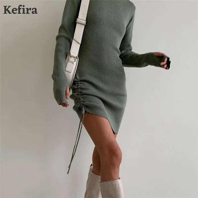 Joskaa hoco dresses Christmas Gift Kefira Turtleneck Knitted Bodycon Dress Women Ruched 2024 Autumn Winter Sexy Elegant White Long Sleeve Party Mini Dresses Brown