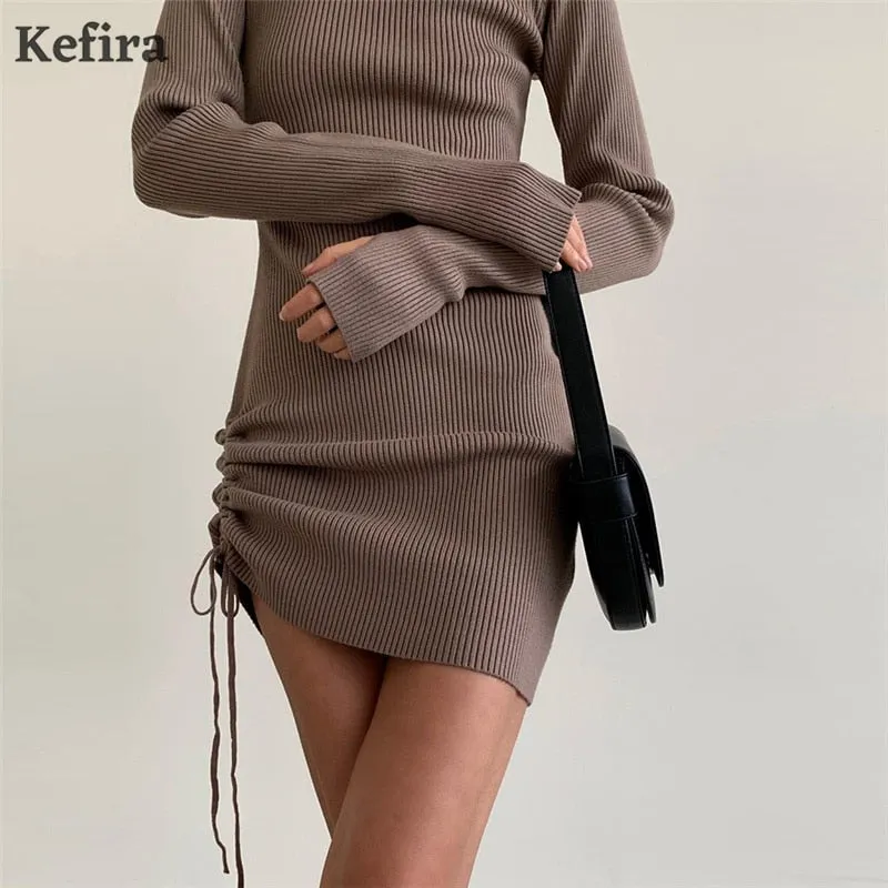 Joskaa hoco dresses Christmas Gift Kefira Turtleneck Knitted Bodycon Dress Women Ruched 2024 Autumn Winter Sexy Elegant White Long Sleeve Party Mini Dresses Brown