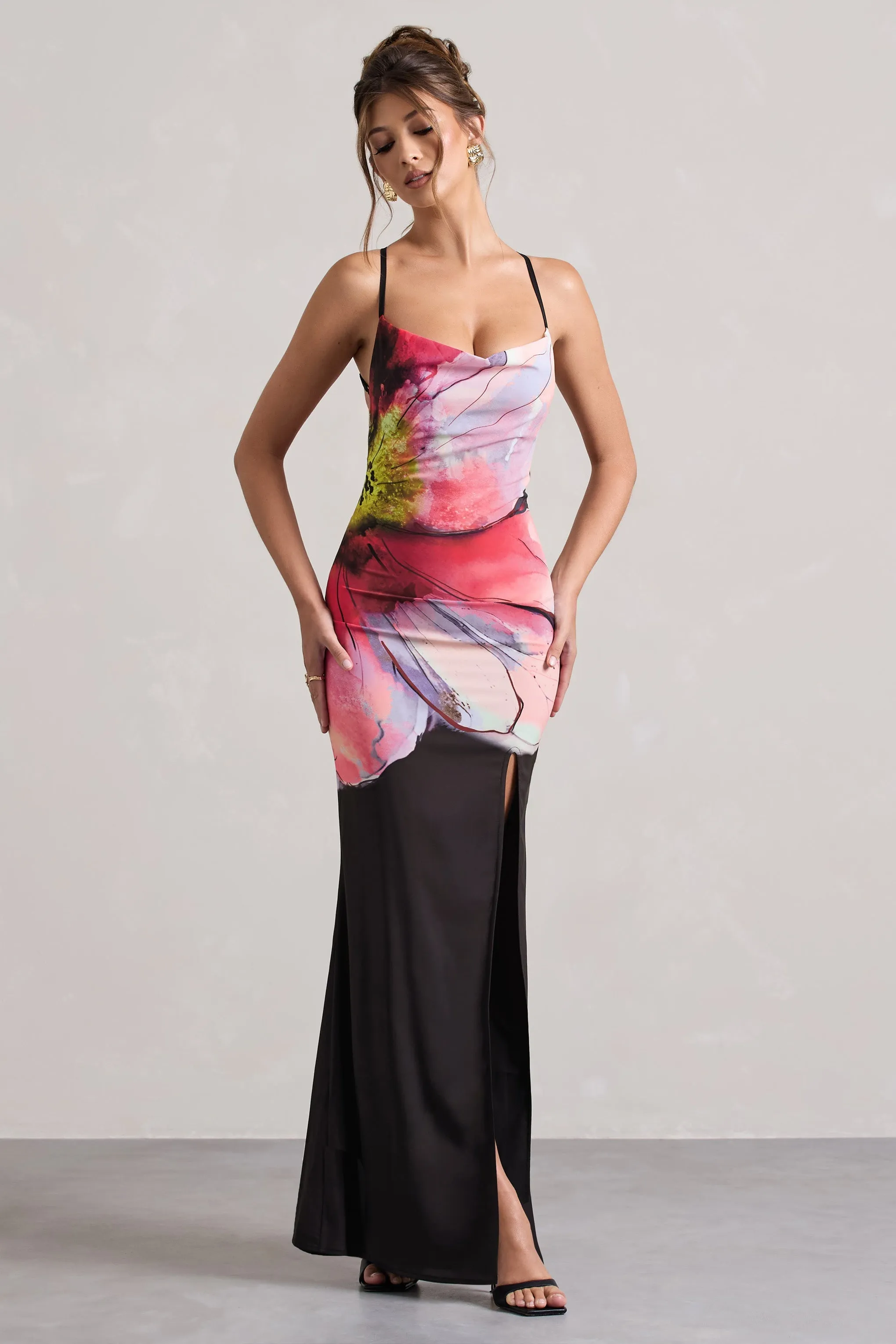 Kali | Black Floral Print Cowl-Neck Open-Back Split Maxi Dress