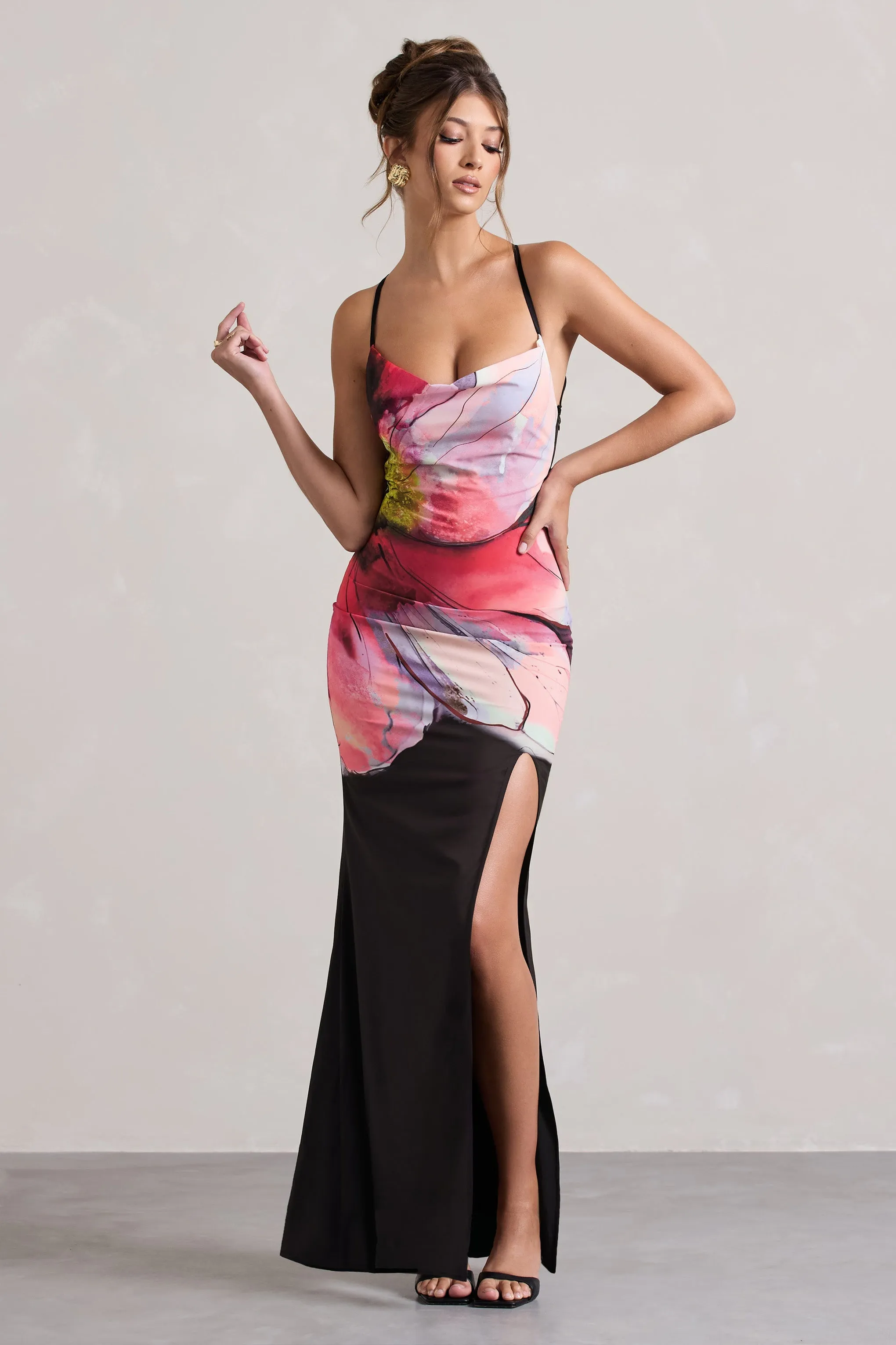 Kali | Black Floral Print Cowl-Neck Open-Back Split Maxi Dress