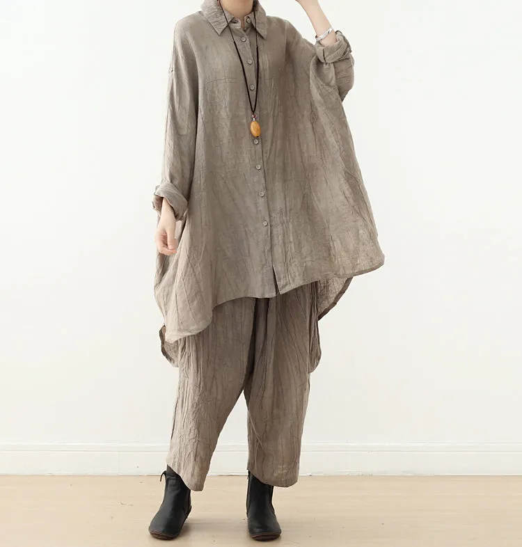 Khaki Loose Linen Spring Cardigan Summer Women Tops AMT96227