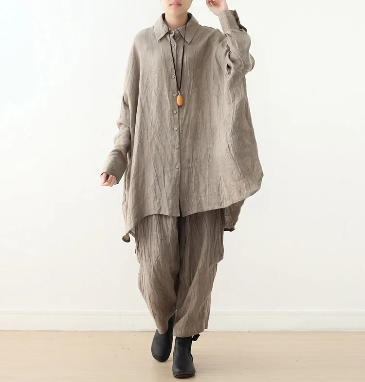 Khaki Loose Linen Spring Cardigan Summer Women Tops AMT96227